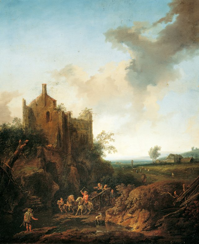 Landscape with a ruined castle near a fordable place in the river by Christian Hilfgott Brand