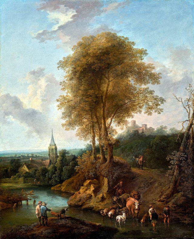 Landscape with a fordable place in a brook with peasants and cattle by Christian Hilfgott Brand