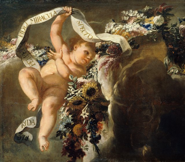 Putto mit Blumengewinde und Spruchband by Peter Strudel