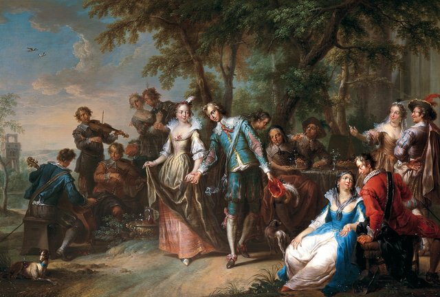 Elegant company dancing and drinking at the edge of a forest by Franz Christoph Janneck