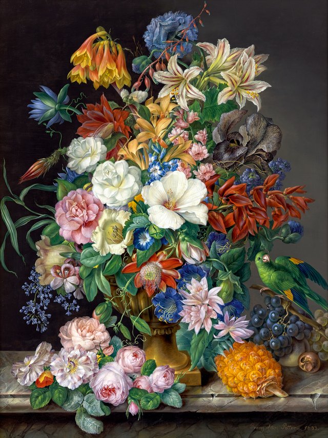 Floral Piece with Pineapple, Grapes and Parrot by Franz Xaver Petter