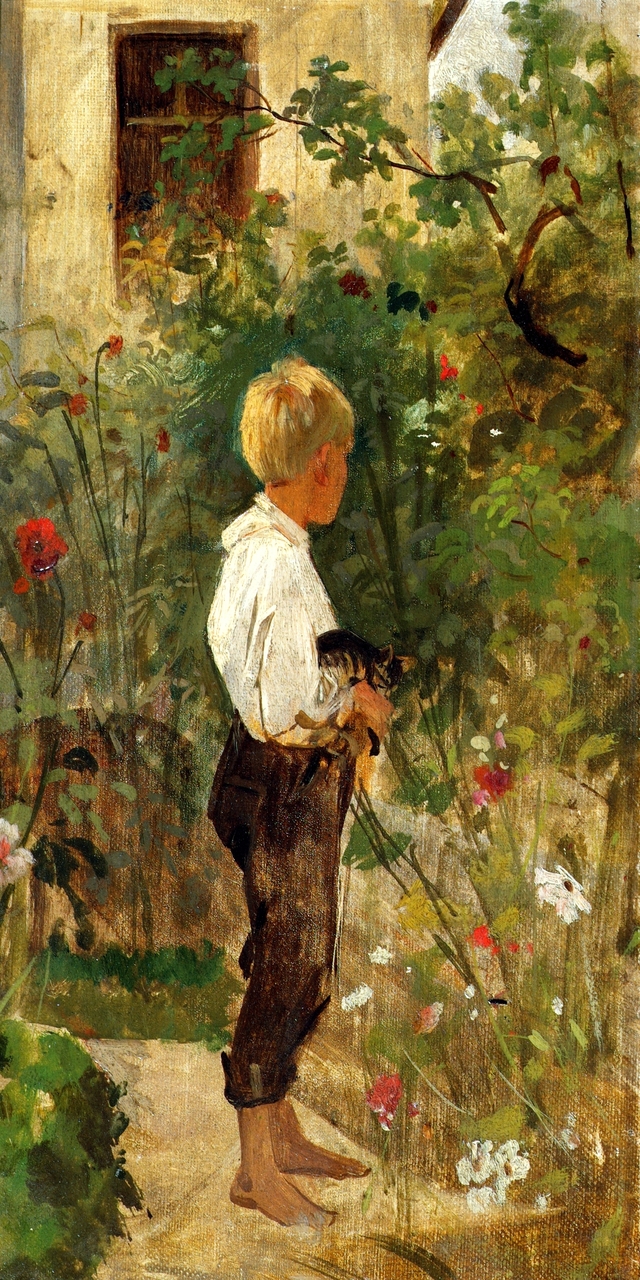 Knabe mit Katze im Garten by Joseph Hasslwander
