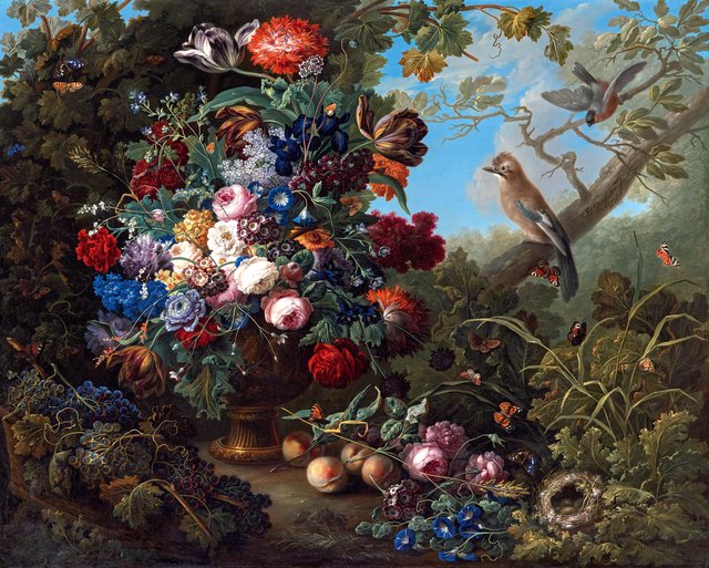 Large Floral Still Life with Birds by Johann Baptist Drechsler
