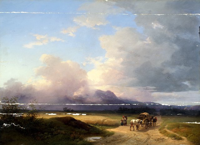 Voralpenlandschaft mit Fuhrwerk auf der Straße by Ignaz Raffalt