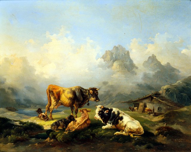 Alm mit Rindern by Joseph Heicke