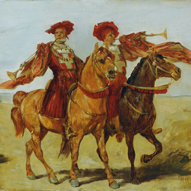 Zwei berittene Fanfarenbläser by Hans Makart