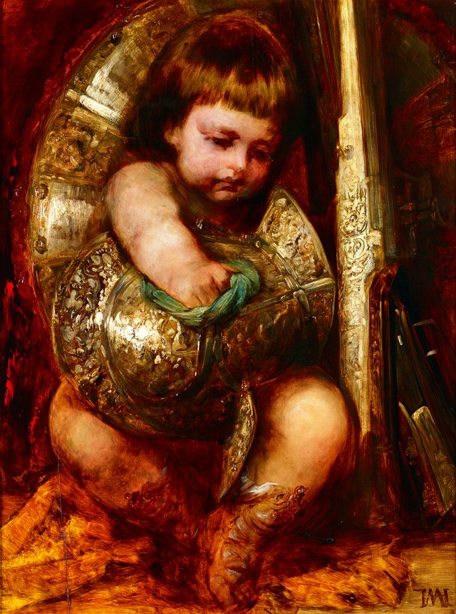 Putto, die Waffen des Mars reinigend by Hans Makart