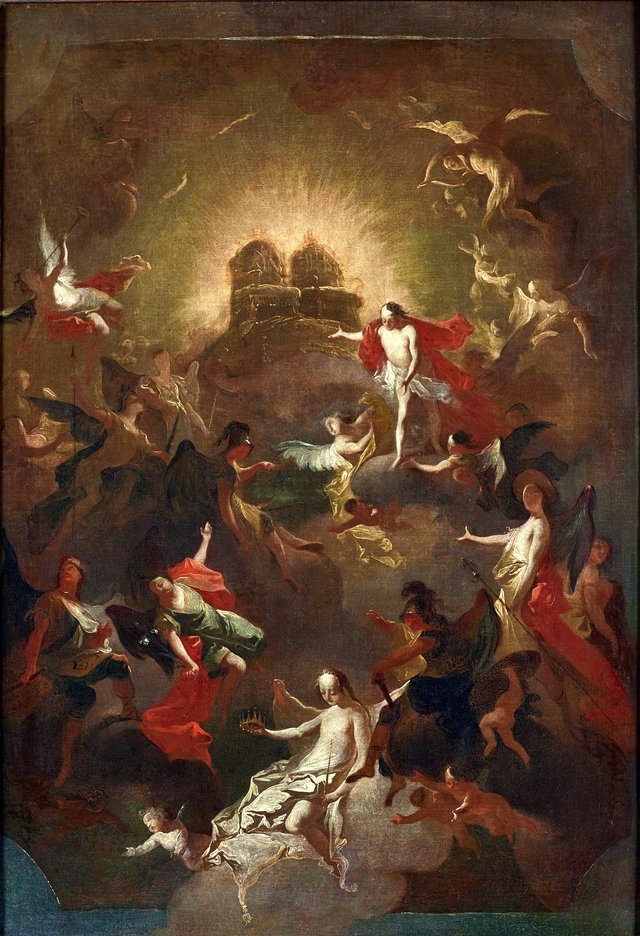 Christus und die neun Engelchöre erwarten Maria vor seinem und ihrem Thron by Josef Winterhalder der Jüngere