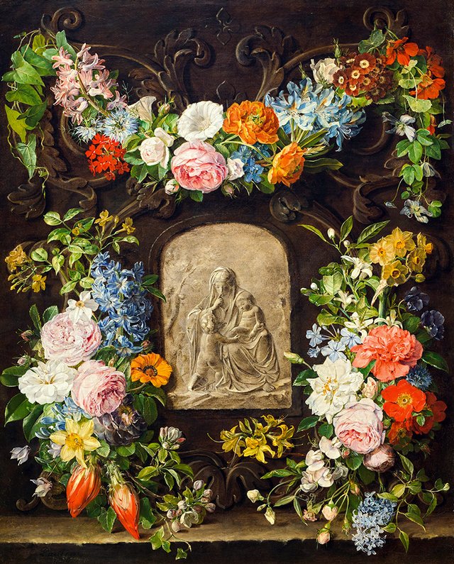 Flower garland with a relief of a Madonna by Pauline Freiin von Koudelka