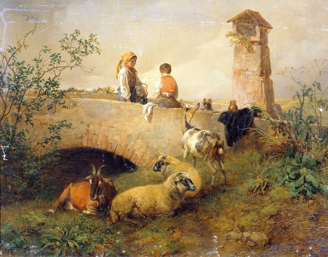Boy and Girl with Sheep and Goats by Leopold Brunner