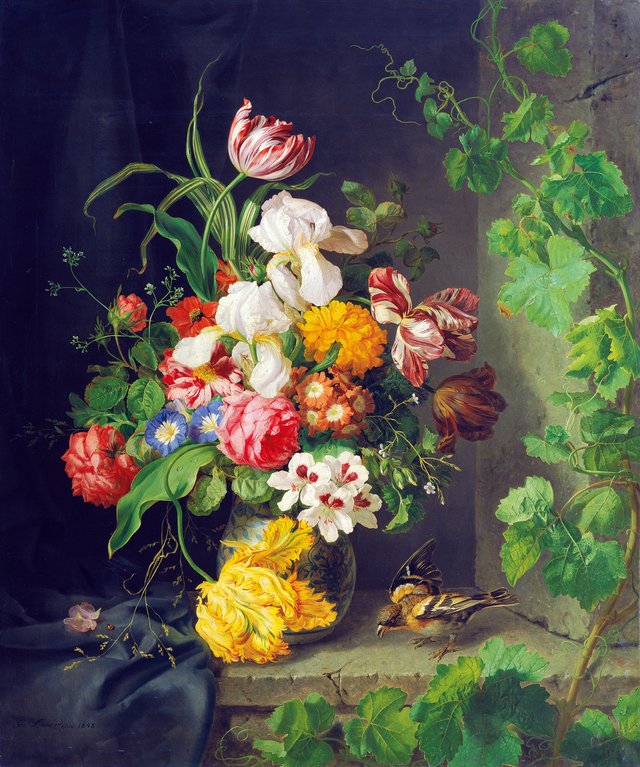 Still life with flowers, sparrow and vine branch by Josef Lauer