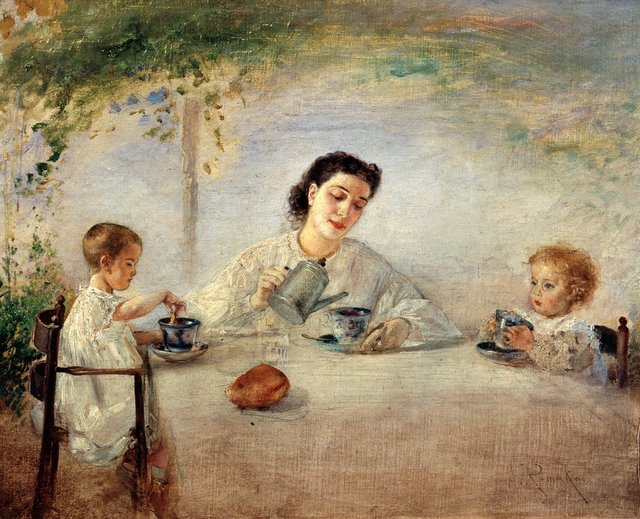 Die Familie des Künstlers beim Frühstück by Anton Romako