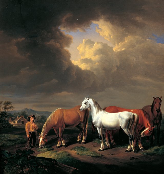 Five farm horses by Johann Baptist Dallinger von Dalling