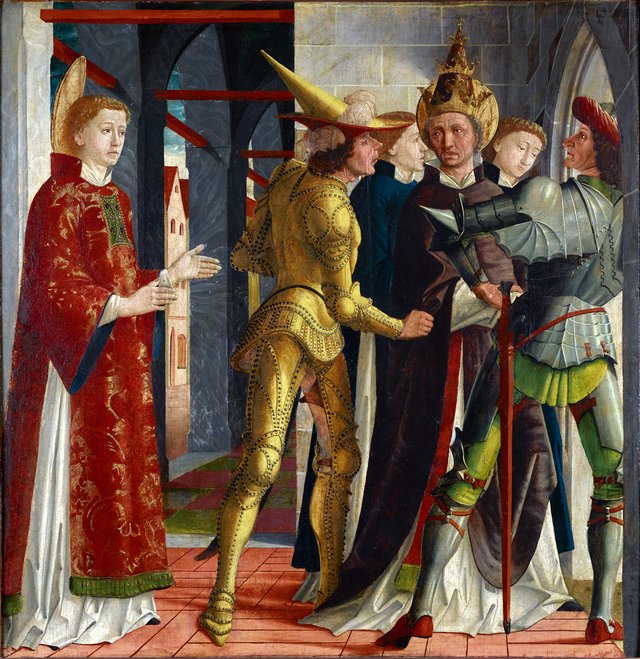 Pope Sixtus II. bids farewell to St. Lawrence by Michael Pacher
