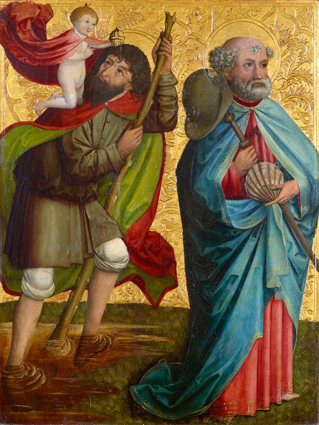 Linker Flügel des sog. Pretschlaipfer-Triptychons: Hll. Christophorus und Jakobus Major (Innenseite); Verkündigung an Maria (Außenseite) by Master of Großgmain