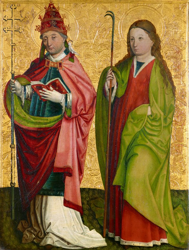 Rechter Flügel des sog. Pretschlaipfer-Triptychons: Hll. Gregor und Agathe (Innenseite); Hll. Erasmus und Barbara (Außenseite) by Master of Großgmain