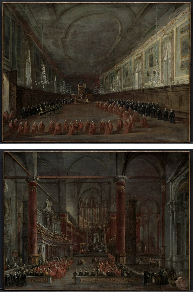 Pope Pius VI Descending the Throne to Take Leave of the Doge in the Hall of SS. Giovanni e Paolo, 1782 and Pontifical Ceremony in SS. Giovanni e Paolo, Venice, 1782 (pair) by Francesco Guardi