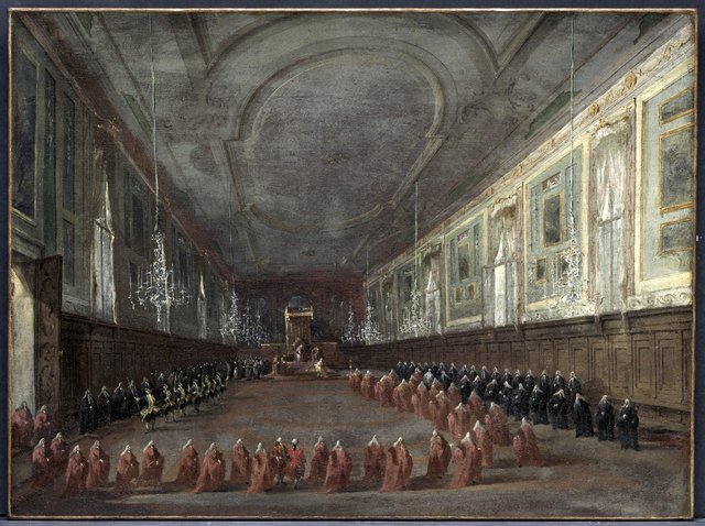 Pope Pius VI Descending the Throne to Take Leave of the Doge in the Hall of SS. Giovanni e Paolo, 1782 by Francesco Guardi