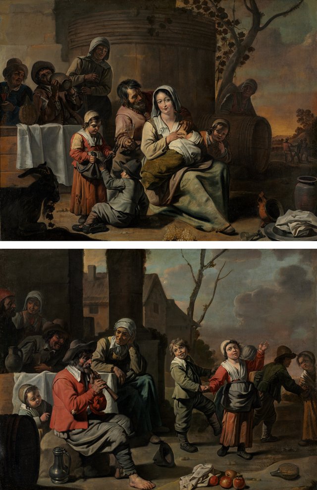 Vintage Scene and Peasant Children Dancing (painting pair) by Mathieu Le Nain