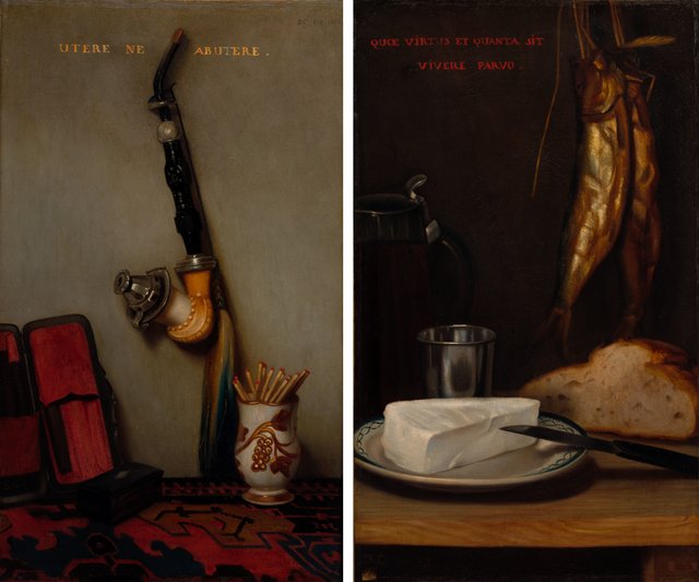 Still Life with Pipe and Matches and Still Life with Herring, Bread, and Cheese (pair) by Alexandre-Gabriel Decamps