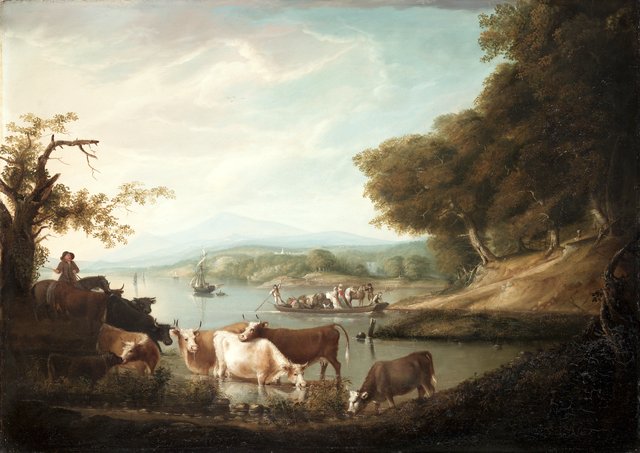 A Calm Watering Place--Extensive and Boundless Scene with Cattle by Alvan Fisher