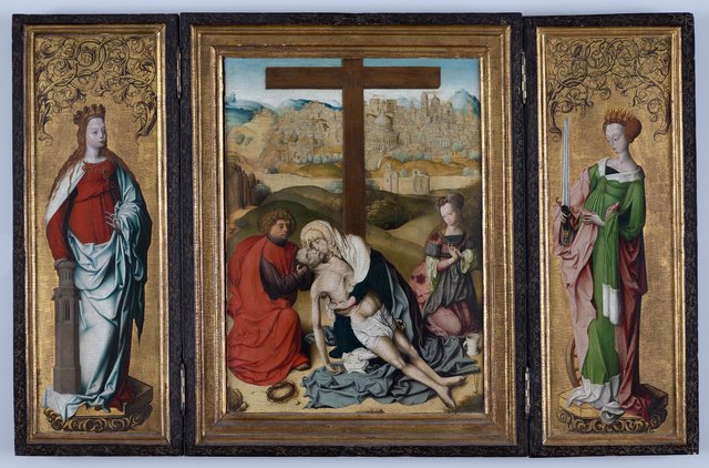 Triptych with The Lamentation of Christ (center), St. Barbara (left wing), St. Catherine of Alexandria (right wing), The Annunciation (reverse wings) by Master of the Krainburg Altar