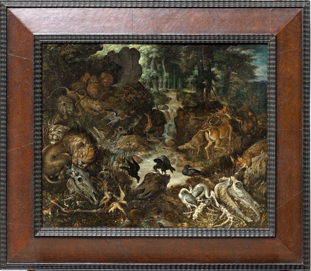 Lions and Fox in a Rugged Landscape by Roelant Savery