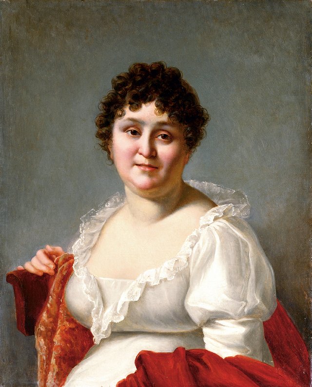 Portrait of Madame Regnault, bust-length, in a white dress and persimmon shawl by Jean-Baptiste Regnault