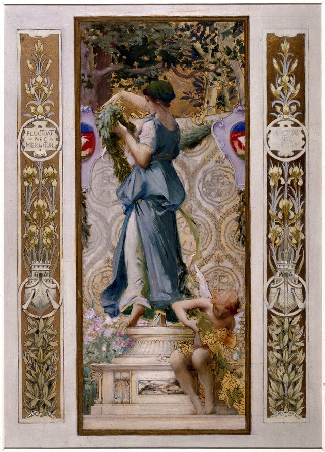 Esquisse pour l'escalier des Fêtes de l'Hôtel de Ville de Paris : Les Fleurs ( La Guirlande) by Luc-Olivier Merson