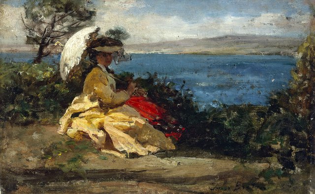 Woman with umbrella, Douarnenez bay by Jules Breton