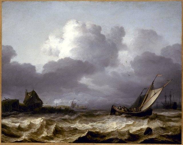 Binnenvaartschip in onrustig weer met links en landtong met een boerderij by Allaert van Everdingen