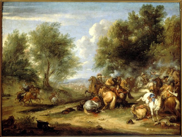 Landscape with cavalry combat by Adam Frans van der Meulen