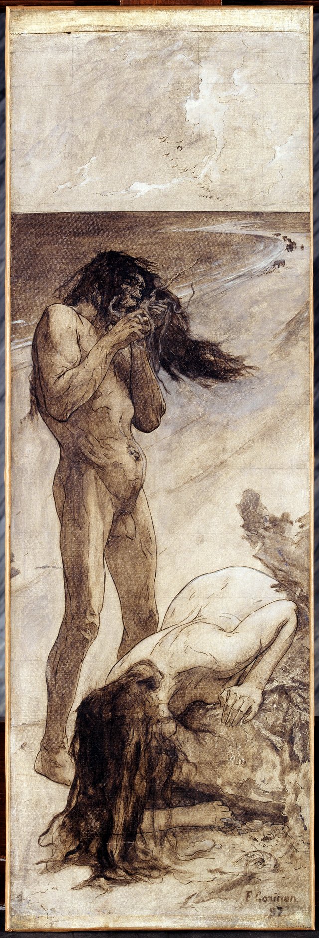 Les mangeurs de crabe, esquisse pour l'amphithéâtre de paléontologie du Museum d'histoire naturelle de Paris by Fernand Cormon