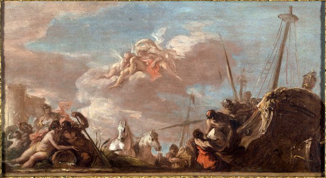 Esquisse pour le plafond de la Banque Royale : Le Déchargement en bord de Seine de marchandises en provenance de la Louisiane by Giovanni Antonio Pellegrini