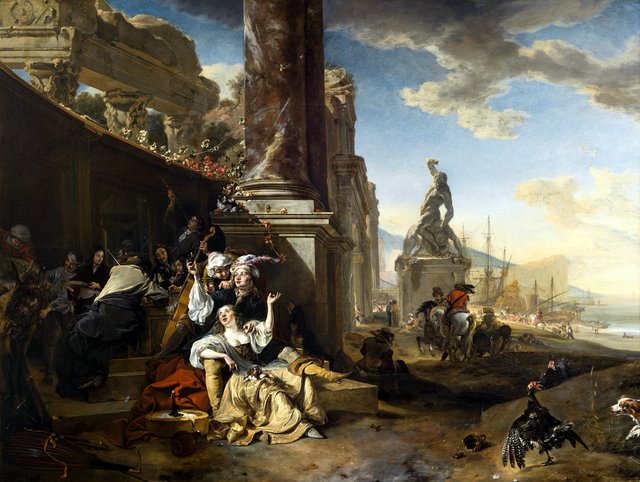 The Prodigal Son feasting with the courtesans in the midst of classical ruins, in the distance a Mediterranean harbor by Jan Weenix