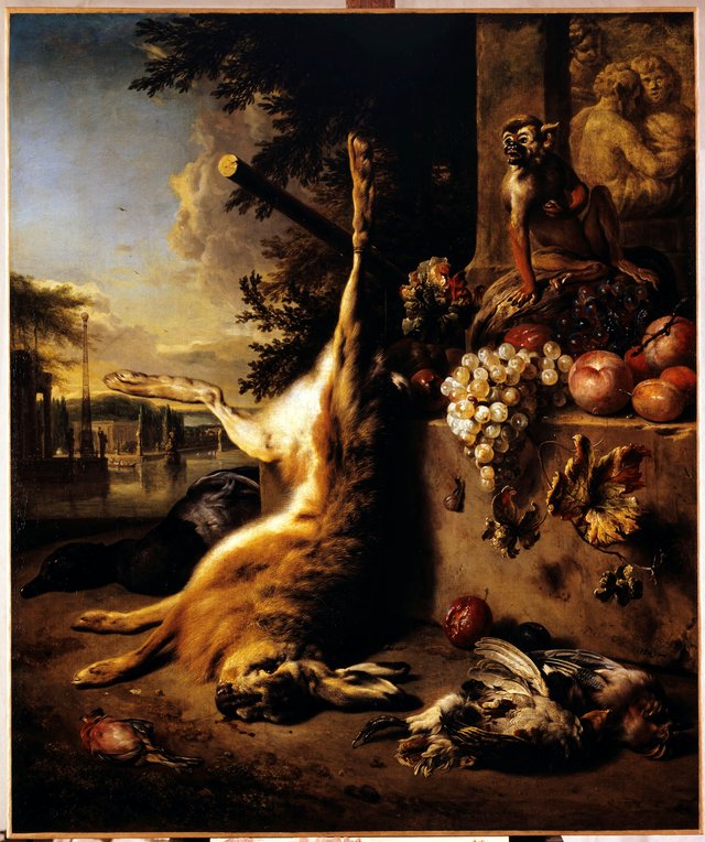 Gibier mort, singe et fruits devant un paysage by Jan Weenix