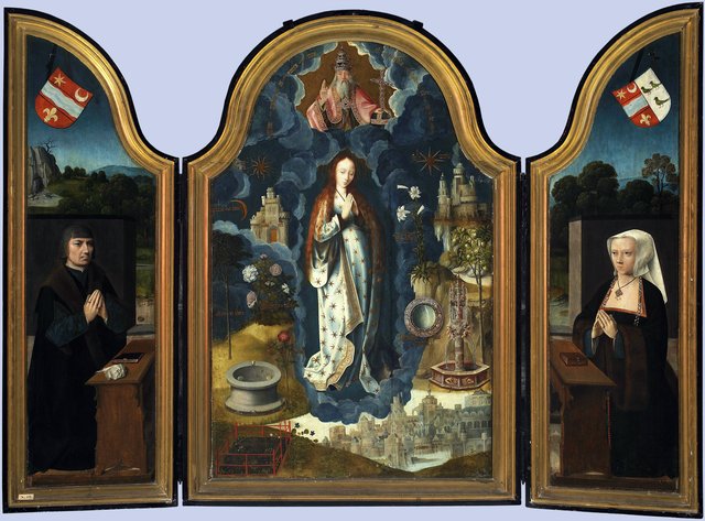 Triptych of Immaculate Conception, central section: Allegory of Immaculate Conception of Virgin Mary; left wing: Portrait of the founder, Mathias Laurin, Lord de Watervliet; right wing: Portrait of th by Adriaen Isenbrandt