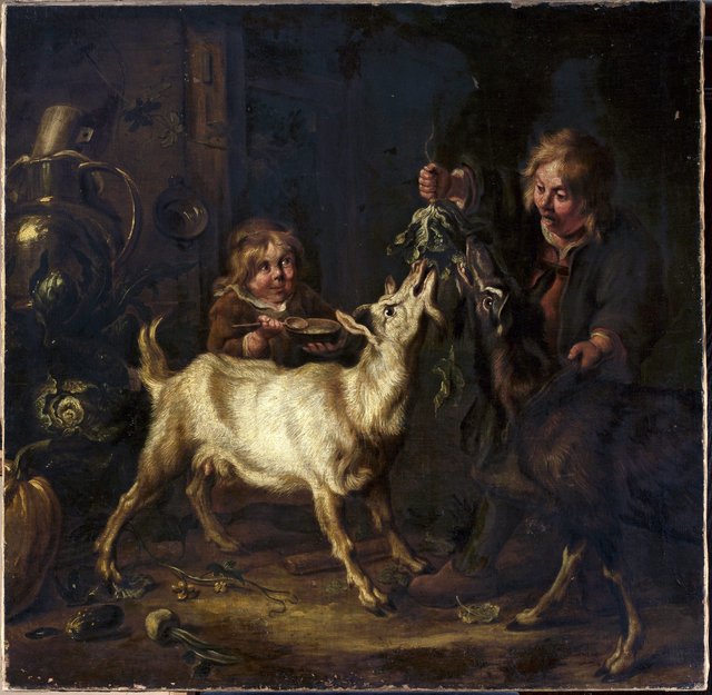 Children feeding goats by Johann Heinrich Roos