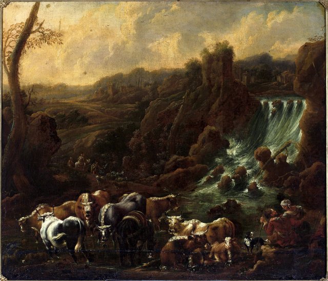 Cattle at the waterfall by Philipp Peter Roos