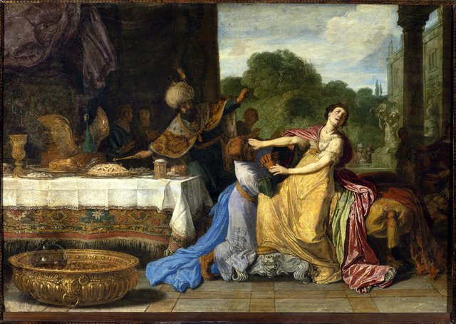 Haman begging the mercy of Esther (Esther 7:6-7) by Pieter Lastman