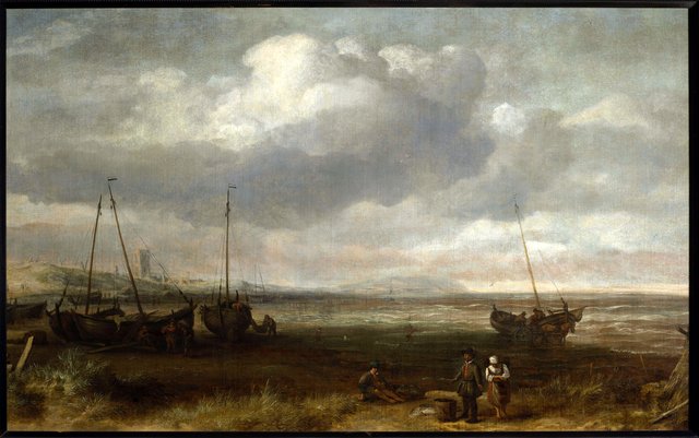 Seaside in Scheveningen with fishing boats by Simon de Vlieger