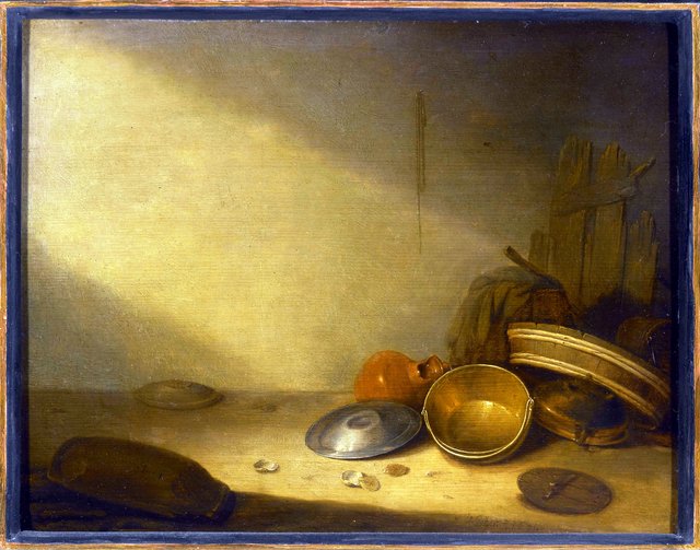 Still life with old dishes by Pieter Symonsz Potter