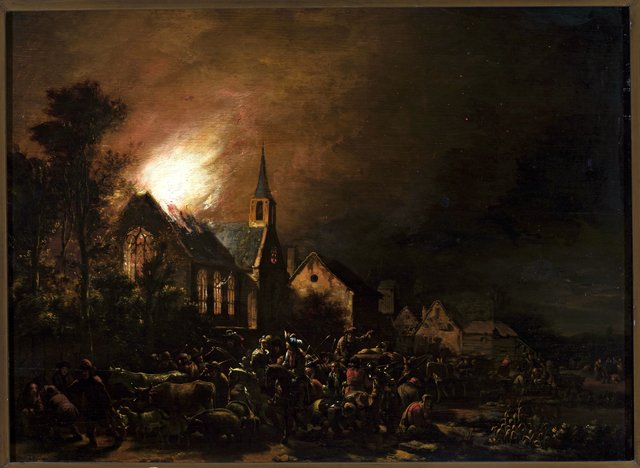 Church on fire by Egbert van der Poel