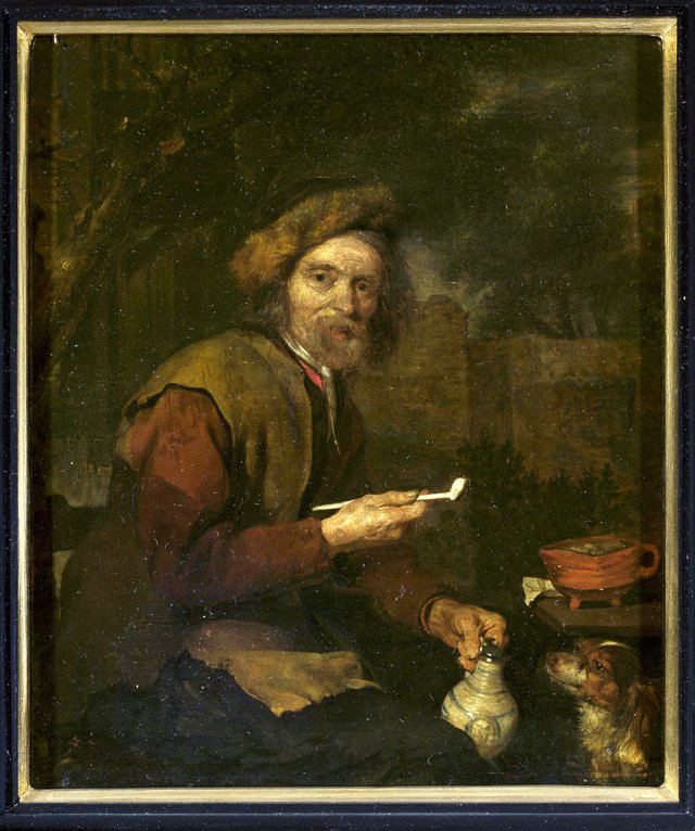 Smoker with a pipe and a pitcher in his hands by Gabriel Metsu