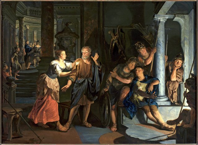 Denial of Saint Peter (Matthew 26:69-75; Mark 14:66-72; Luke 21:54-63; John 17:15-25). by Nicolaas Verkolje