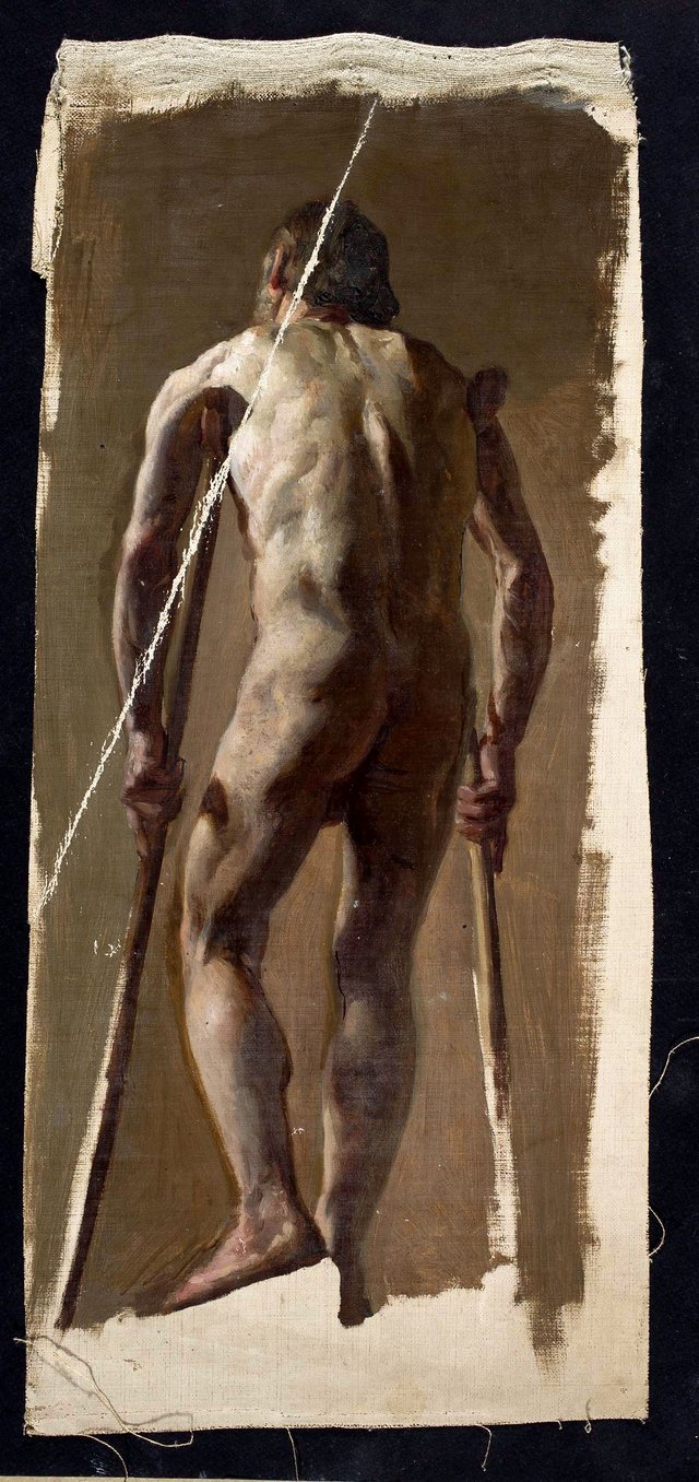 Nude of an old man leaning on crutches, back view by Kazimierz Alchimowicz
