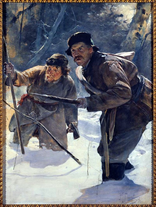 Spearmen; verso, on canvas: sketch of a standing male figure by Julian Fałat