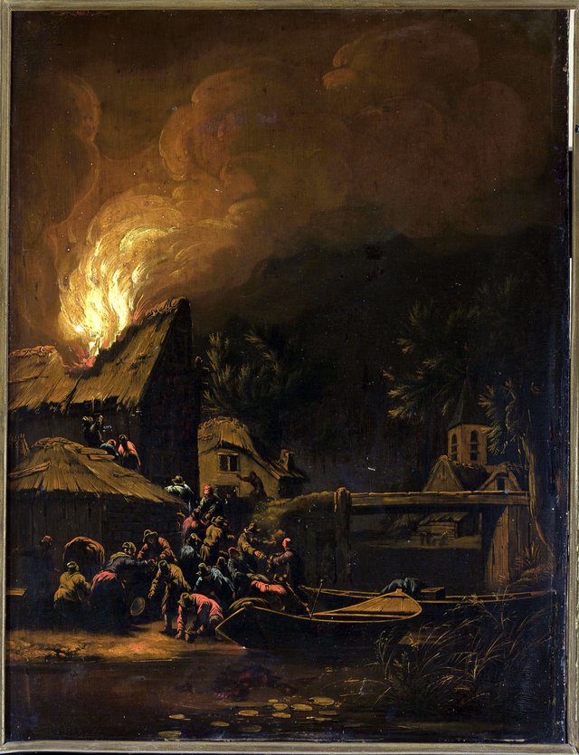 Town on fire by Egbert van der Poel