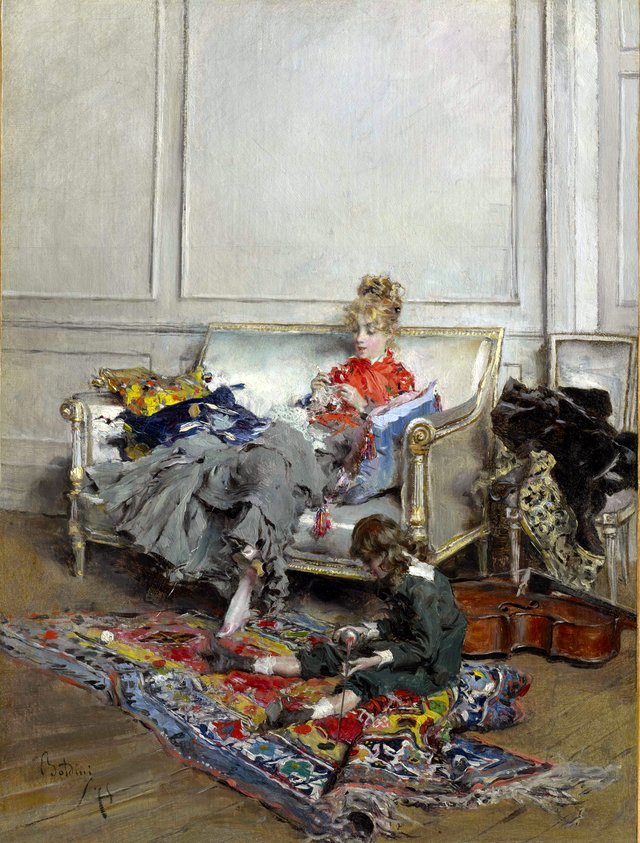 Young woman crocheting by Giovanni Boldini