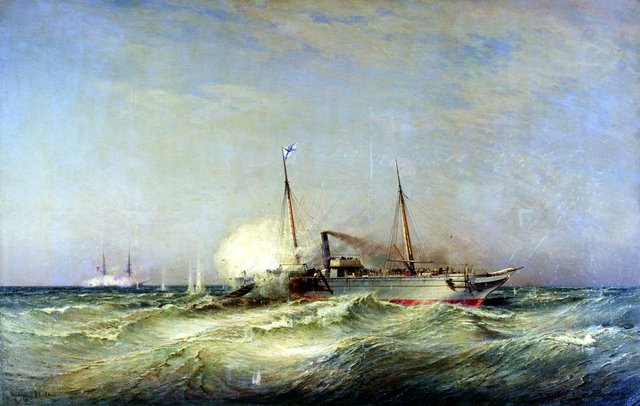 Kampf des Dampfschiffs Vesta mit dem türkischen Schlachtschiff Fethi-Butland im Schwarzen Meer am 11. Juli 1877. by Alexey Bogolyubov